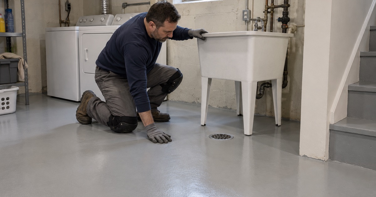 A freestanding laundry tub set back on a new light gray epoxy basement floor in a Palatine house, beside the floor drain.