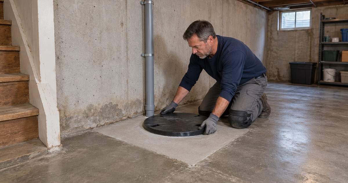 A sealed ejector pit lid being set flush in a Palatine basement floor after overhead-sewer work, before the floor is coated.