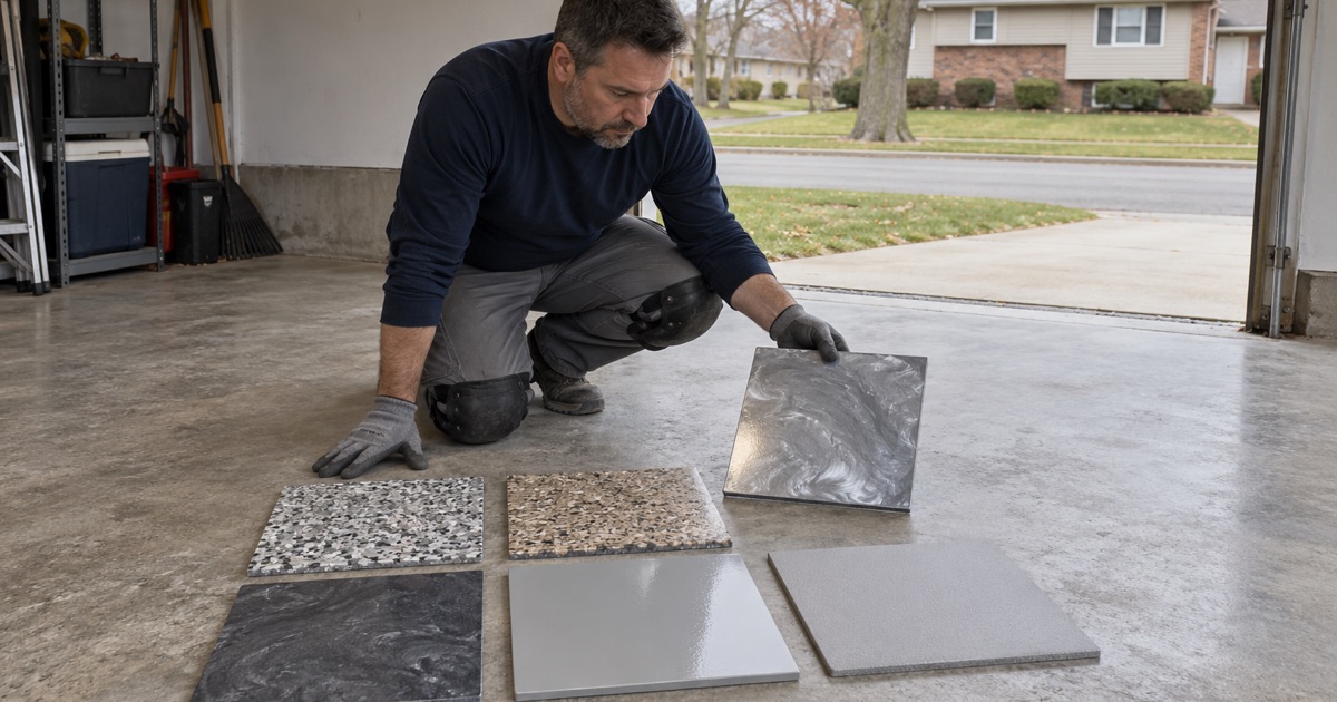Coated sample panels laid out on a Palatine garage floor, one lifted into the daylight at the door to compare finishes.