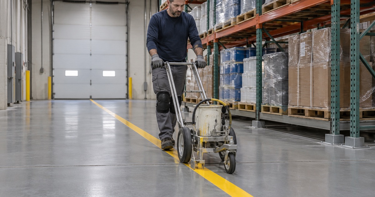 A safety-yellow aisle line laid down on a newly coated light industrial floor near Palatine, racking legs behind.
