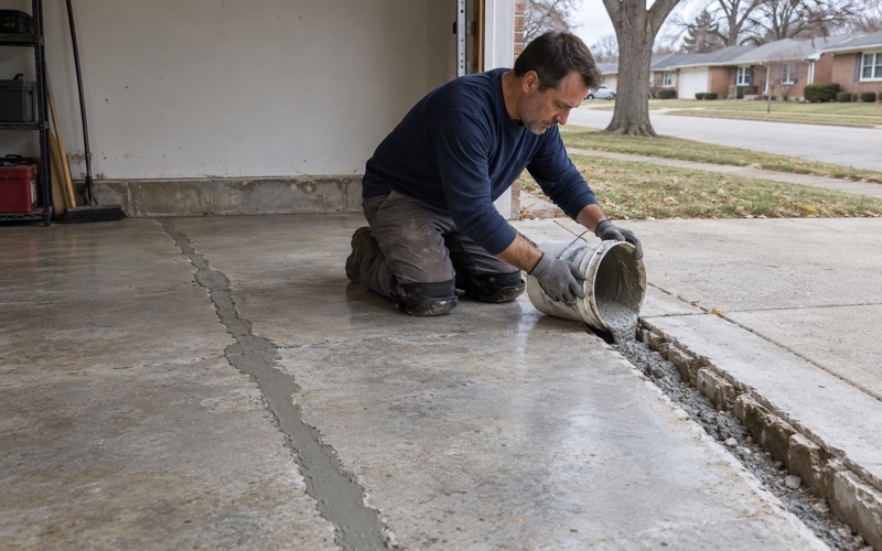 Repair mortar poured into a salt-damaged door edge of a Palatine garage slab, broken out and cleaned before coating.