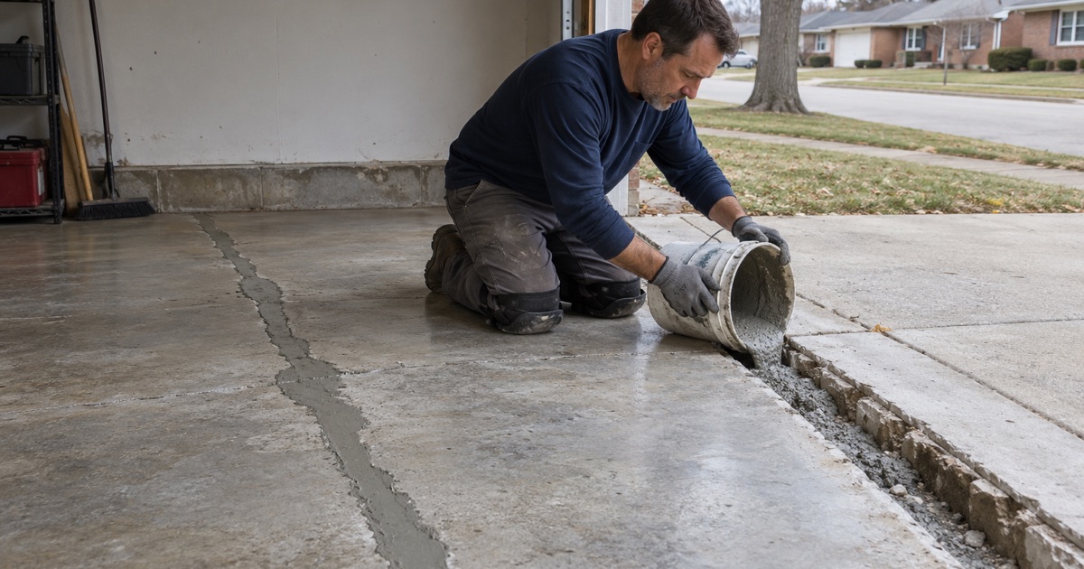 Repair mortar poured into a salt-damaged door edge of a Palatine garage slab, broken out and cleaned before coating.