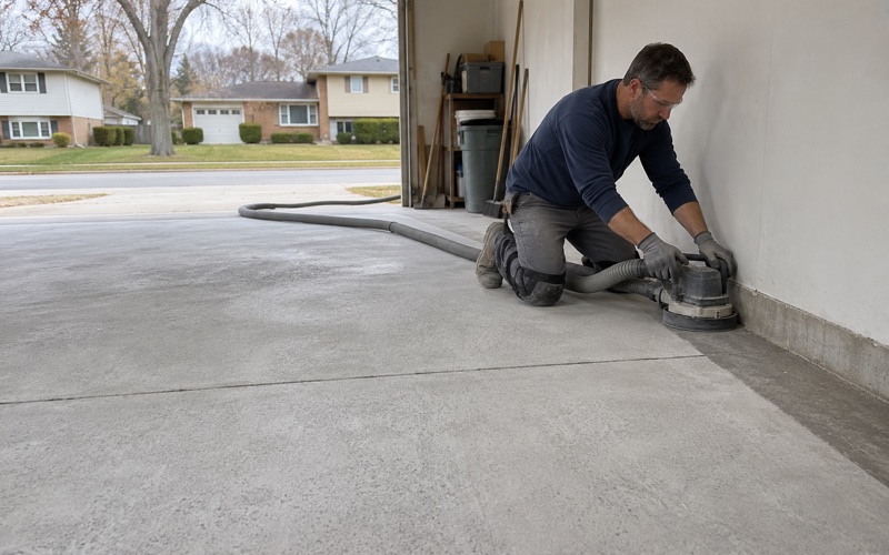 An edge grinder cutting the last strip along the wall of a Palatine garage slab, the field already ground open.