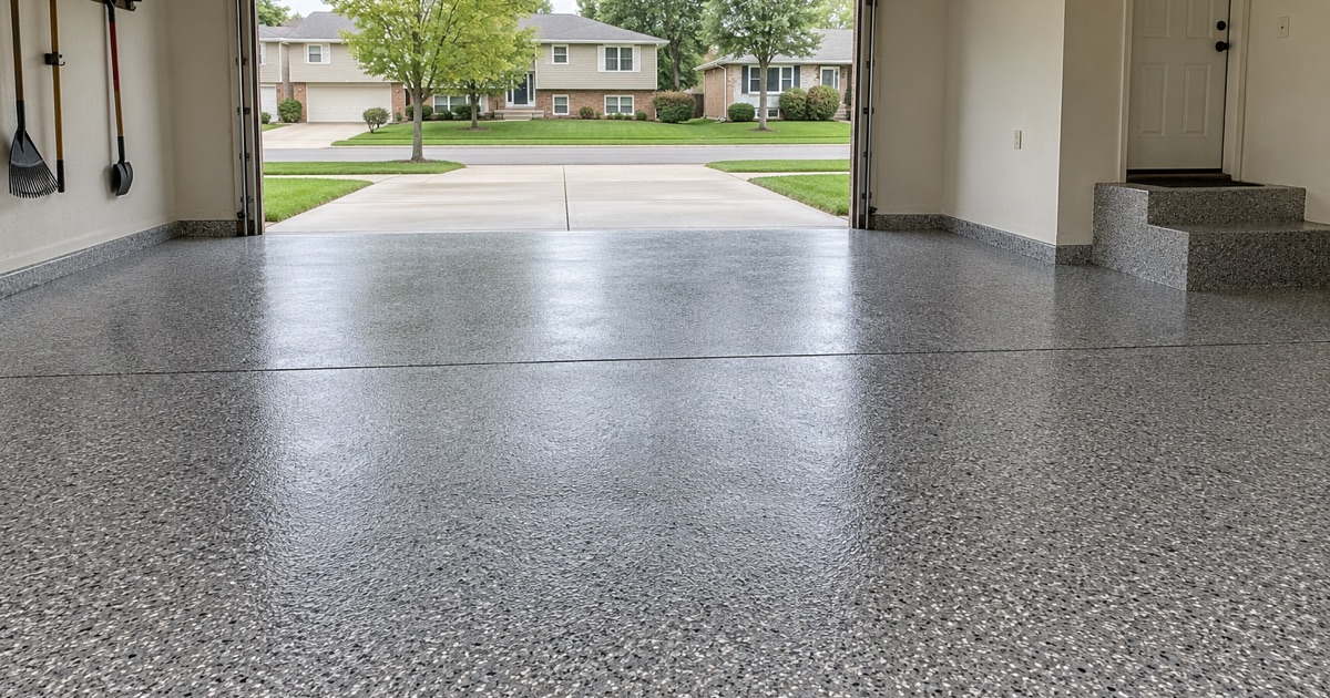 An empty finished gray flake floor in a Palatine attached garage, handed back with the door raised to daylight.