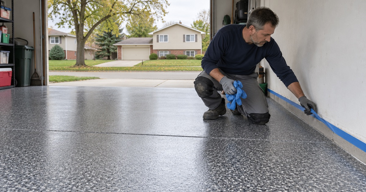 A finished gray and white flake floor in the attached garage of a 1970s Palatine split-level, the masking tape being pulled.