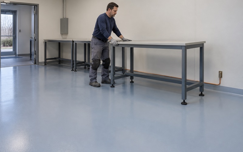A static-safe workbench being set on a new dissipative floor in a small electronics assembly room near Palatine.