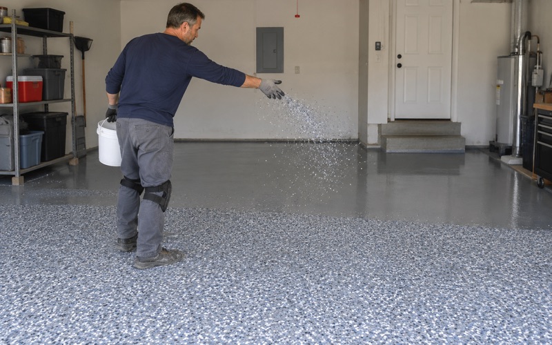 Vinyl flake cast by hand across a wet base coat in a Palatine garage, an arc of gray and blue chip mid-air.