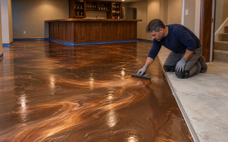A copper and bronze metallic epoxy pour being worked across a finished basement bar room in a Palatine house.