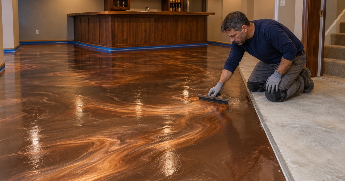 A copper and bronze metallic epoxy pour being worked across a finished basement bar room in a Palatine house.