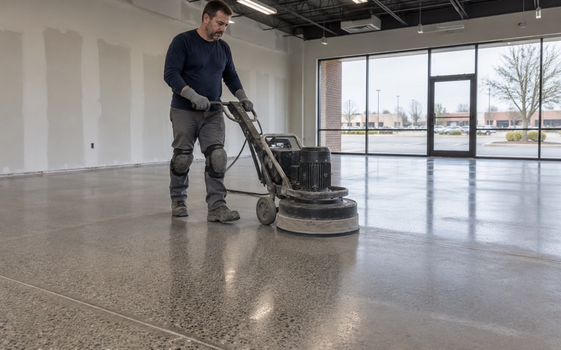 A walk-behind polisher on a polished concrete floor in a Palatine retail space, the last pass bringing up the sheen.