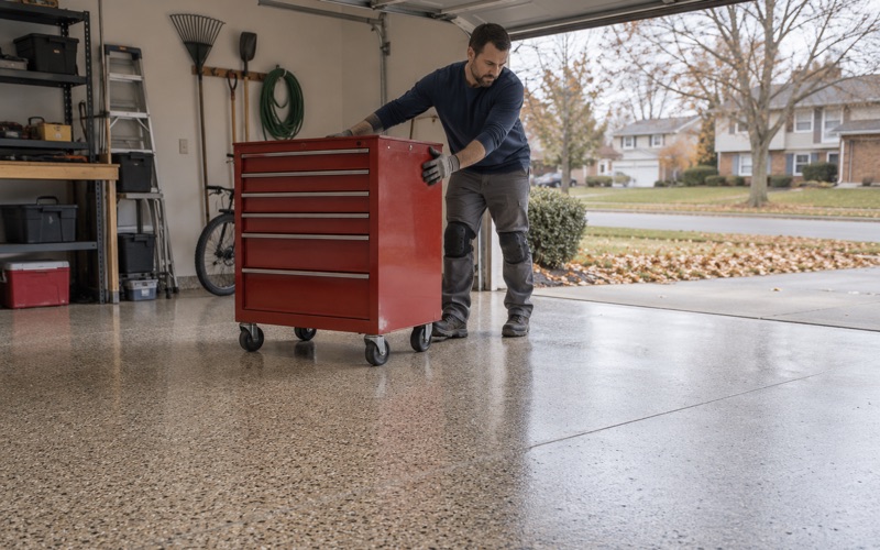 A rolling tool chest wheeled back onto a polyaspartic flake garage floor in Palatine the same day the floor was coated.