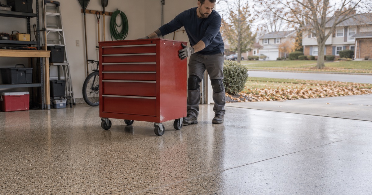 A rolling tool chest wheeled back onto a polyaspartic flake garage floor in Palatine the same day the floor was coated.