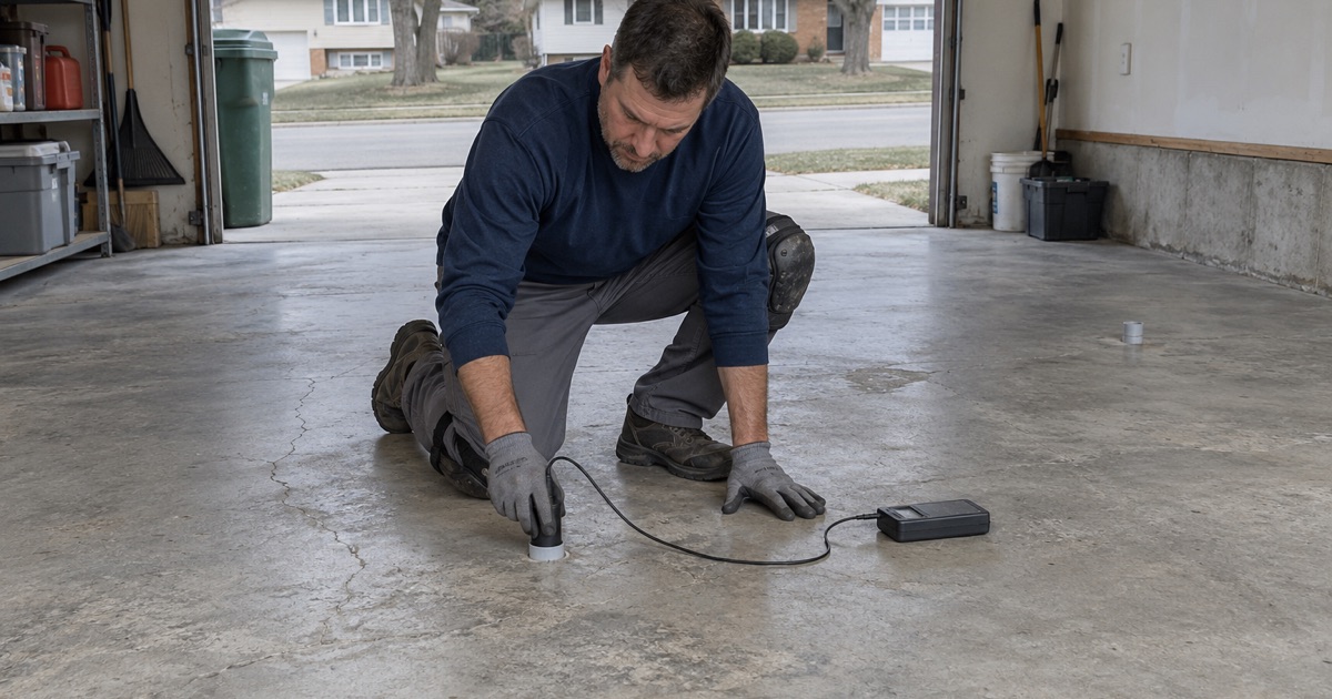 A relative humidity probe being set into a drilled hole in a bare Palatine garage slab before any coating is chosen.